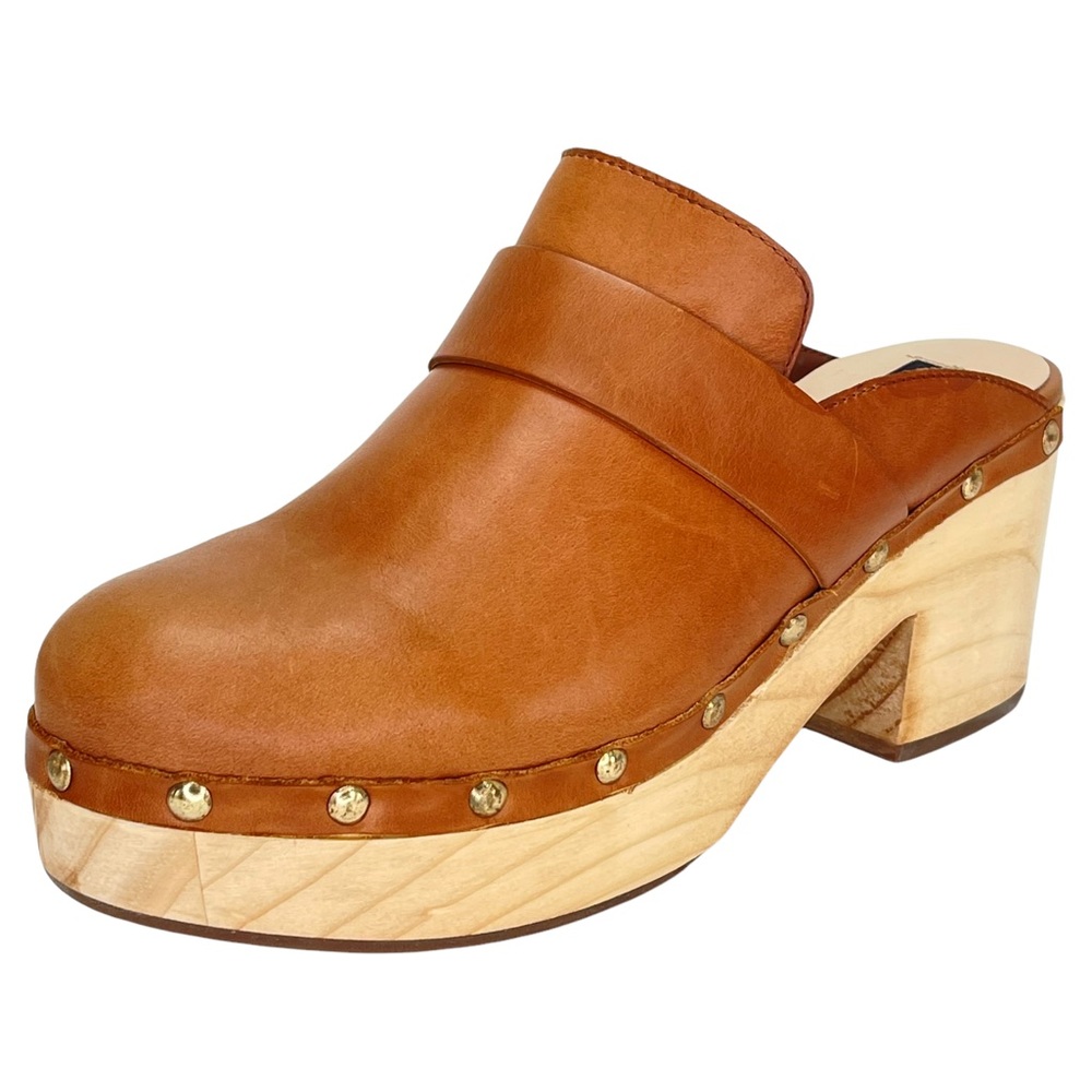 Aqua Soho Tan Leather Wooden Platform Medium Width Womens Clogs